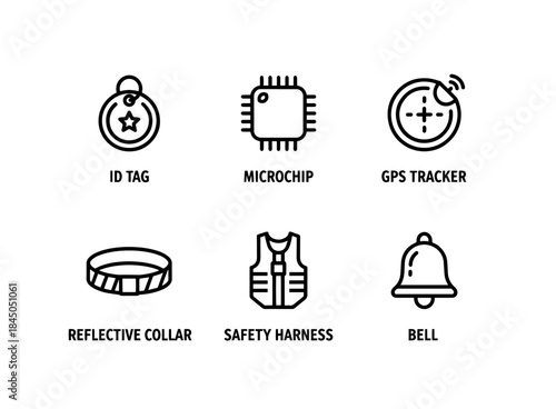 ID Tag Microchip GPS Tracker Reflective Collar Safety Harness Bell Minimal Bold Icon Set