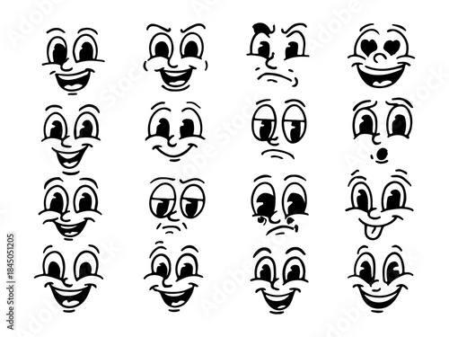 Cartoon Face Expressions – Black and White Doodle Emotion Icons, Funny Character Reactions Vector Set