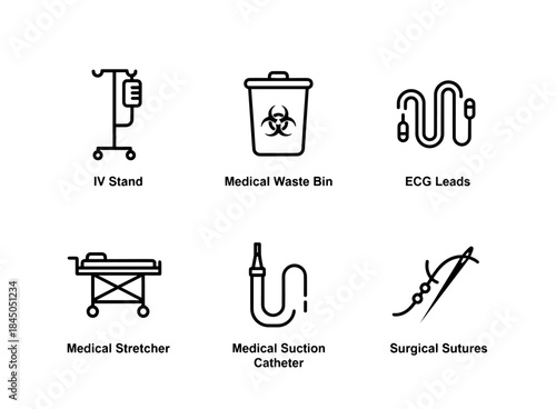 IV Stand Medical Waste Bin ECG Leads Medical Stretcher Medical Suction Catheter Minimal Icon Set