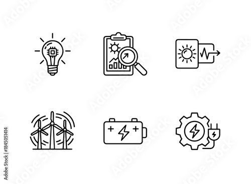 LED Lighting Energy Audit Solar Inverter Wind Farm Energy Storage Power Generation Minimal Icon Set