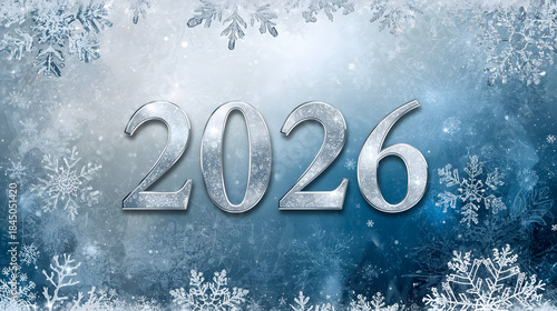 Icy “2026” New Year Banner
Silver icy “2026” text with snowflake details on cool blue-white gradient, evoking winter celebration illustration.

