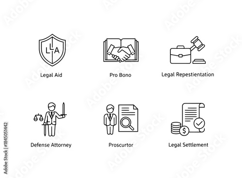 Legal Aid Pro Bono Legal Representation Defense Attorney Prosecutor Legal Settlement Minimal Icon Set