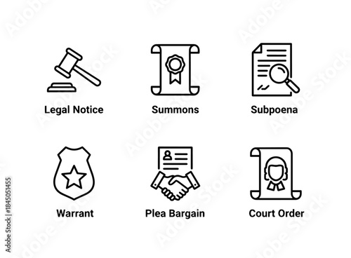 Legal Notice Summons Subpoena Warrant Plea Bargain Court Order Minimal Bold Icon Set