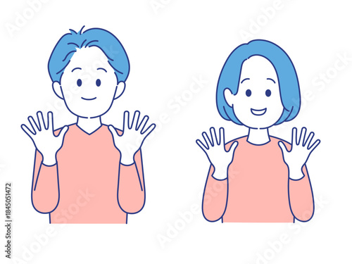 成人男女　表情　イラスト　手を振るポーズ	