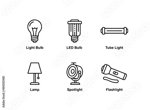 Light Bulb LED Bulb Tube Light Lamp Spotlight Flashlight Minimal Bold Line Icon Set