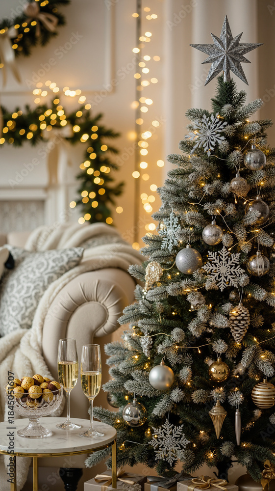 Obraz premium Cozy living room with Christmas tree and festive decorations 