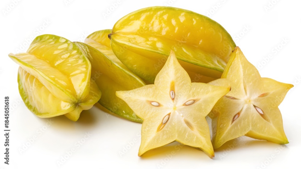 Fototapeta premium Starfruit whole and sliced with visible seeds on white background