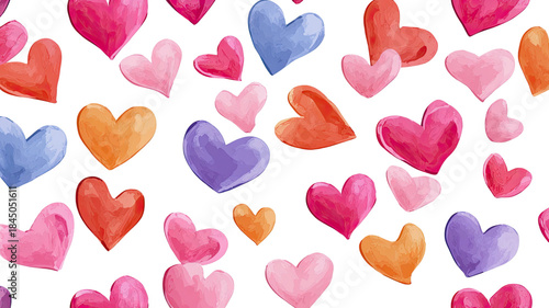 Seamless pattern with colorful watercolor hearts romantic hand painted shapes vibrant repeating background isolated on white background
