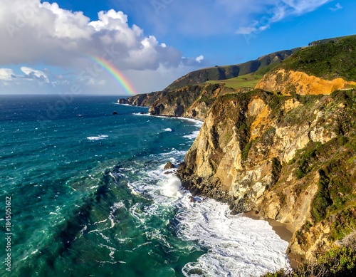 Coastal cliffs meet the ocean under a rainbow, with blue water
