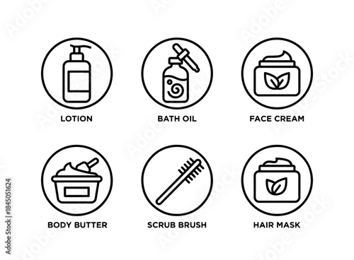 Lotion Bath Oil Face Cream Body Butter Scrub Brush Hair Mask Minimal Bold Line Icon Set