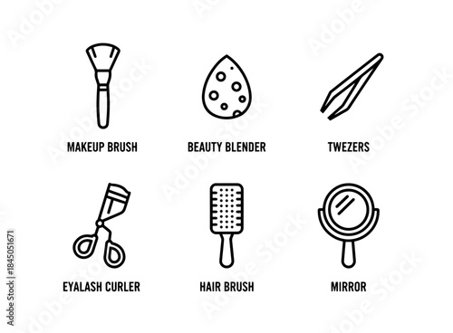 Makeup Brush Beauty Blender Tweezers Eyelash Curler Hair Brush Mirror Minimal Icon Set