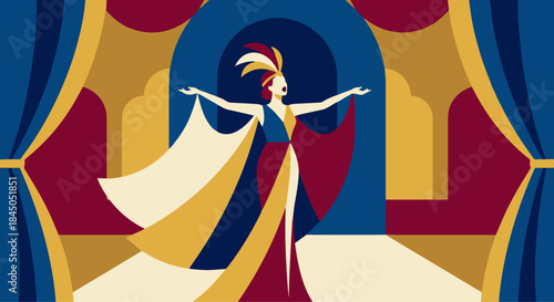 Flat vector illustration of a classical opera singer performing, dramatic yet simplified pose, elegant costume shapes, solid colour blocks, flat vector illustration,