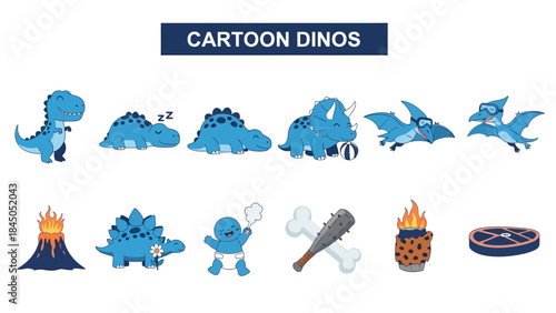 Cartoon illustration of blue dinosaurs and prehistoric items against a white background