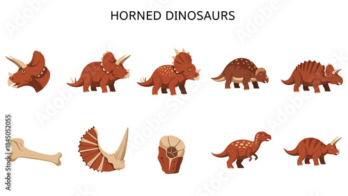 Chart illustrating various horned dinosaur illustrations and fossil representations