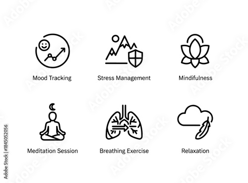 Mood Tracking Stress Management Mindfulness Meditation Session Breathing Exercise Minimal Icon Set