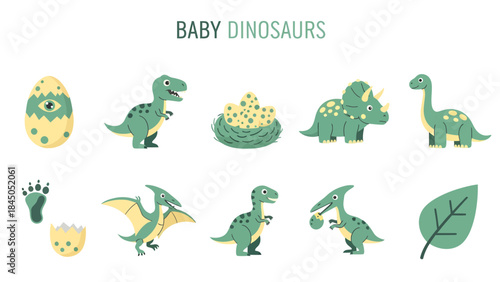 Collection of cute green baby dinosaur illustrations and related elements on white