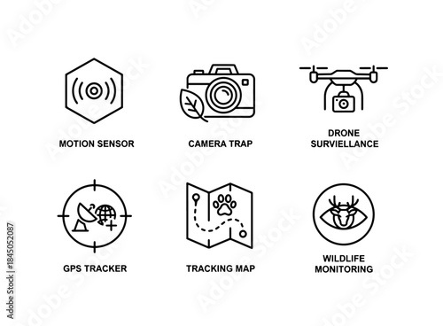 Motion Sensor Camera Trap Drone Surveillance GPS Tracker Tracking Map Wildlife Monitoring Minimal Icon Set