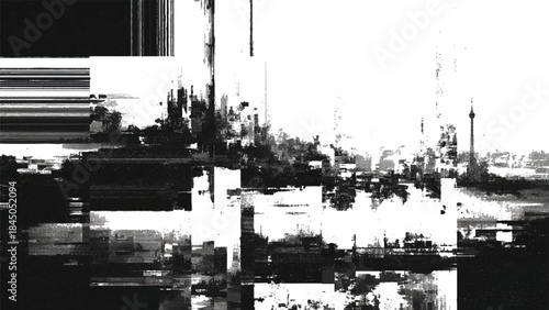 Distorted cityscape with abstract elements