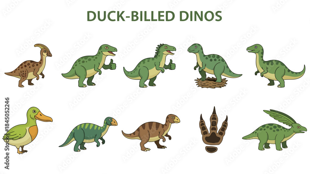 Naklejka premium Illustration of ten duckbilled dinosaurs and a duck labeled by scientific name