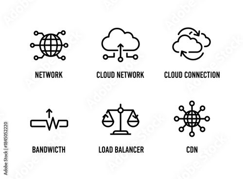 Network Cloud Network Cloud Connection Bandwidth Load Balancer CDN Minimal Bold Line Icon Set