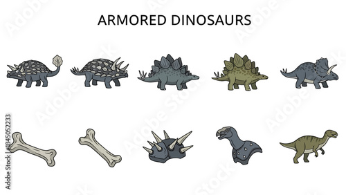 Illustration of various armored dinosaurs and related fossils under the title ARMORED DINOSAURS