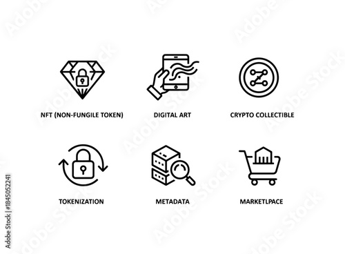 NFT Non Fungible Token Digital Art Crypto Collectible Tokenization Metadata Marketplace Minimal Icon Set