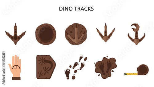 Illustration of various brown dino tracks footprints and measurement tools