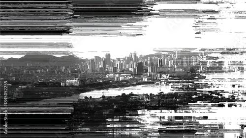 Distorted cityscape with glitch effect