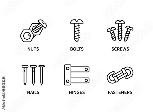 Nuts Bolts Screws Nails Hinges Fasteners Minimal Bold Line Icon Set Arranged