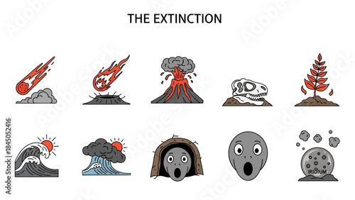 Ten icons illustrating events related to extinction including celestial impact volcanoes and fossils