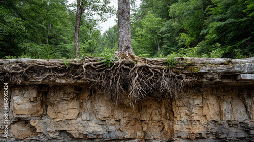 Root system concept ,Tree with deep root system holding cliff edge intact, showcasing resilience and strength