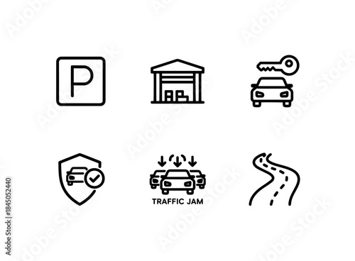 Parking Garage Car Rental Car Insurance Traffic Jam Road Minimal Bold Line Icon Set