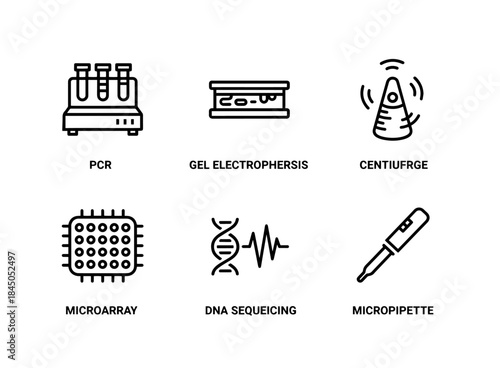 PCR Gel Electrophoresis Centrifuge Microarray DNA Sequencing Micropipette Minimal Icon Set