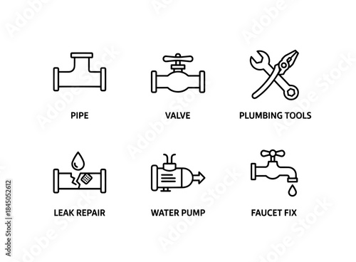 Pipe Valve Plumbing Tools Leak Repair Water Pump Faucet Fix Minimal Bold Line Icon Set