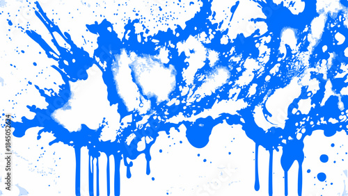Abstract Blue Ink Splatter on White Background. Dynamic Liquid Drip and Paint Explosion for Energetic Creative Design and Art