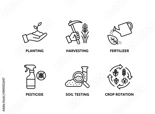 Planting Harvesting Fertilizer Pesticide Soil Testing Crop Rotation Minimal Bold Line Icon Set