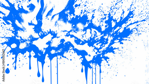 Abstract Blue Ink Splatter on White Background. Dynamic Liquid Drip and Paint Explosion for Energetic Creative Design and Art
