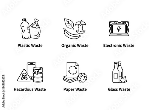 Plastic Waste Organic Waste Electronic Waste Hazardous Waste Paper Waste Glass Waste Minimal Bold Line Icon Set