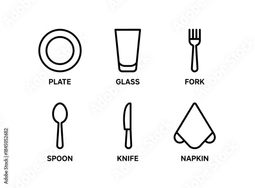 Plate Glass Fork Spoon Knife Napkin Minimal Bold Line Icon Set