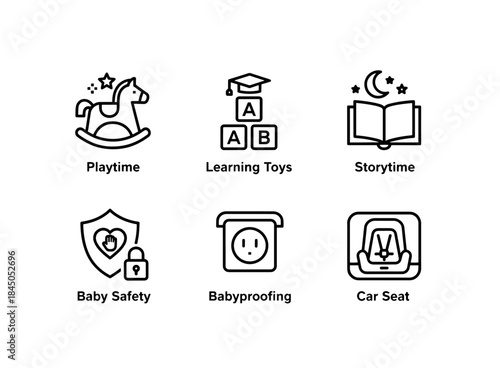 Playtime Learning Toys Storytime Baby Safety Babyproofing Car Seat Minimal Bold Line Icon Set