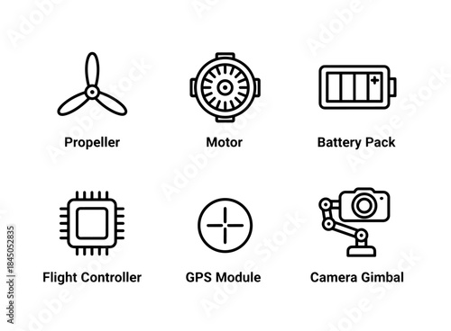 Propeller Motor Battery Pack Flight Controller GPS Module Camera Gimbal Minimal Bold Line Icon Set