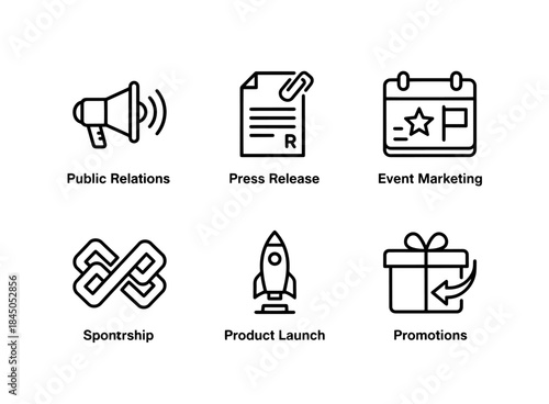 Public Relations Press Release Event Marketing Sponsorship Product Launch Promotion Minimal Bold Line Icon Set