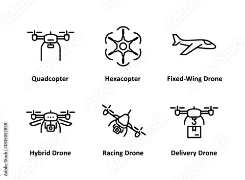 Quadcopter Hexacopter Fixed Wing Drone Hybrid Drone Racing Drone Delivery Drone Minimal Bold Line Icon Set