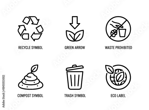 Recycle Symbol Green Arrow Waste Prohibited Compost Symbol Trash Symbol Eco Label Minimal Bold Line Icon Set