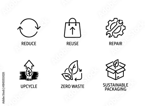 Reduce Reuse Repair Upcycle Zero Waste Sustainable Packaging Minimal Bold Line Icon Set