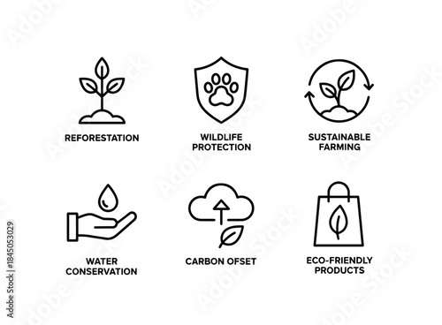 Reforestation Wildlife Protection Sustainable Farming Water Conservation Carbon Offset Minimal Bold Line Icon Set