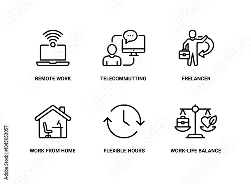 Remote Work Telecommuting Freelancer Work From Home Flexible Hours Work Life Balance Minimal Bold Line Icon Set