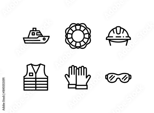 Rescue Boat Lifebuoy Safety Helmet Safety Vest Safety Gloves Safety Glasses Minimal Bold Line Icon Set