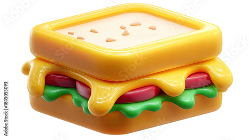 3D cartoon grilled cheese sandwich with melted cheddar layers realistic food illustration isolated on white background