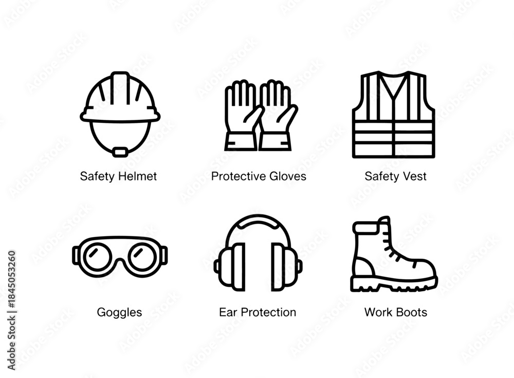 Fototapeta premium Safety Helmet Protective Gloves Safety Vest Goggles Ear Protection Work Boots Minimal Bold Line Icon Set